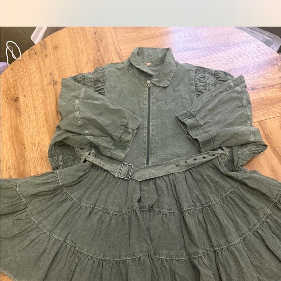 Free People Olive Dress with Ruffles and Belt - Picture 2 of 4